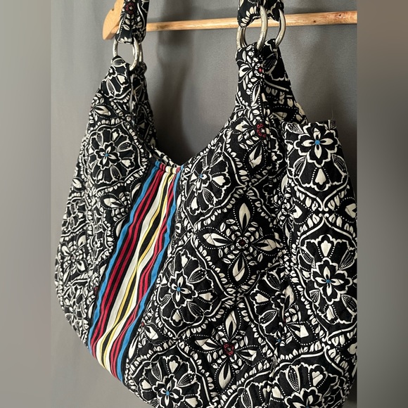 Vera Bradley Barcelona Black White Multicolor Stripe Scoop Quilted Purse - Picture 3 of 10